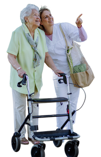 personne âgée avec son déambulateur et une auxiliaire de vie - Médivie